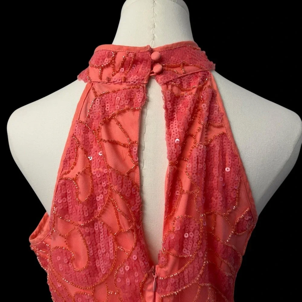 Boston Proper Dress Womens 10 Pink Coral Sequin Mesh Halter Mini Open Back NWOT